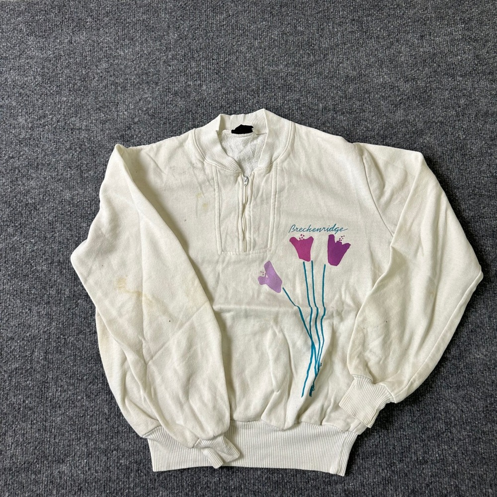 T-Flirt Sweatshirt Womens Size XL Cream Quarter Zip Floral Breckenridge USA Made